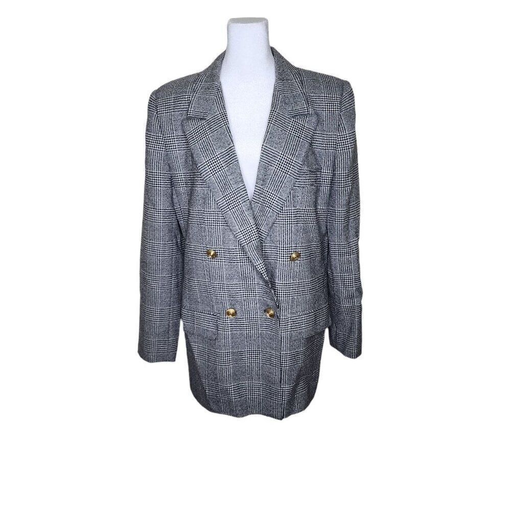 Vintage 80s Windowpane Check Double Breasted Boxy Blazer Womens Size 10 Black Wo